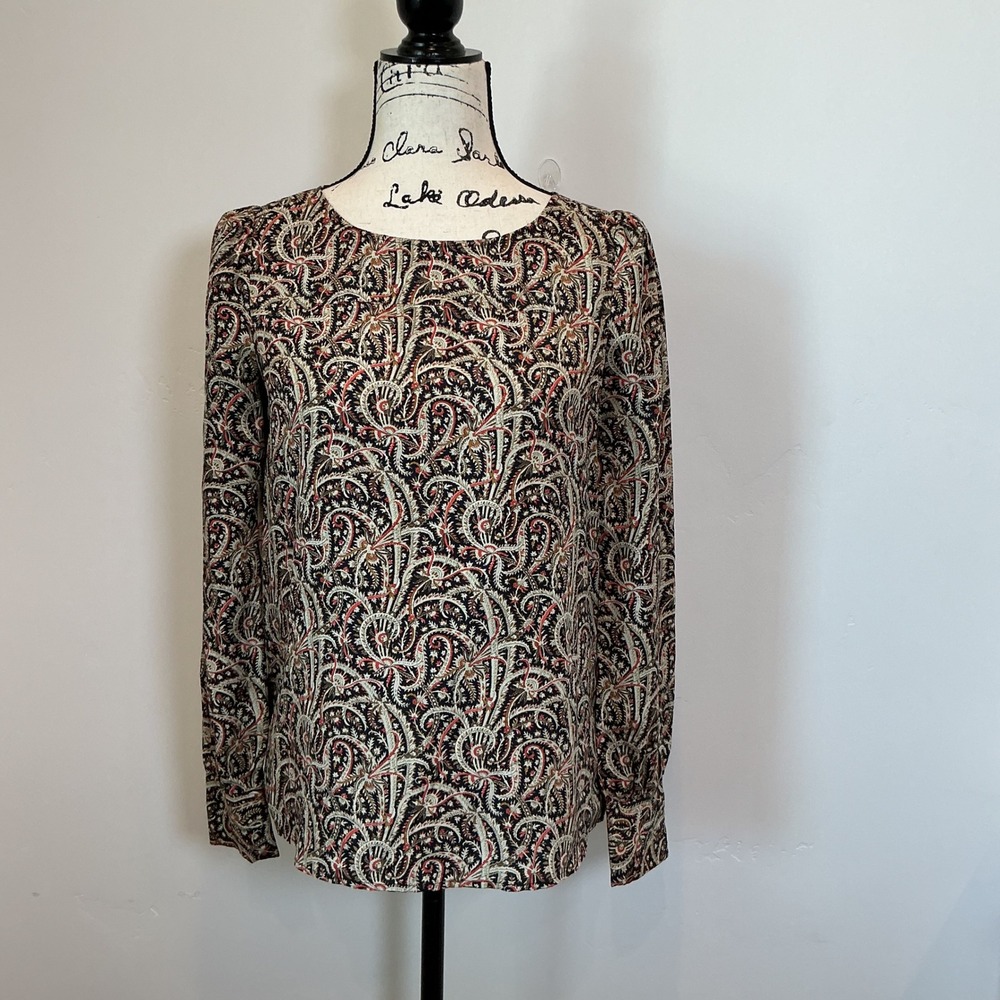 J.Crew 100% Silk‎ Long Sleeve Blouse Top Paisley Print Career Casual Black 0